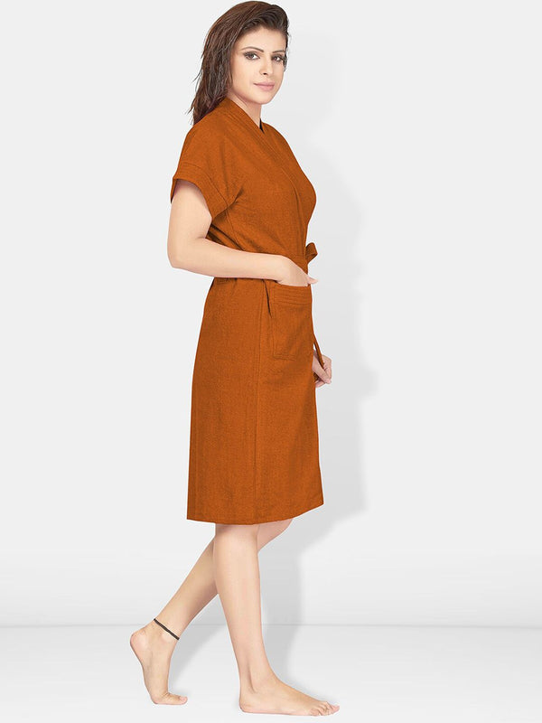 Be You Brown Solid Cotton Drawstring Knee Length Bath Robe