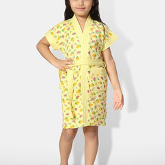 Be You Strawberry Printed Yellow Conversational Cotton Drawstring Knee Length Bath Robe