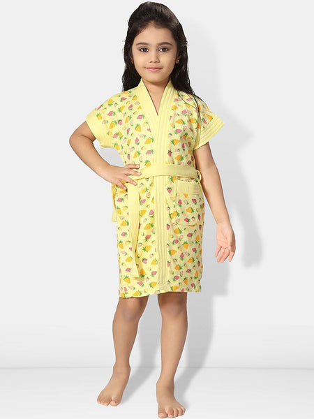 Be You Strawberry Printed Yellow Conversational Cotton Drawstring Knee Length Bath Robe