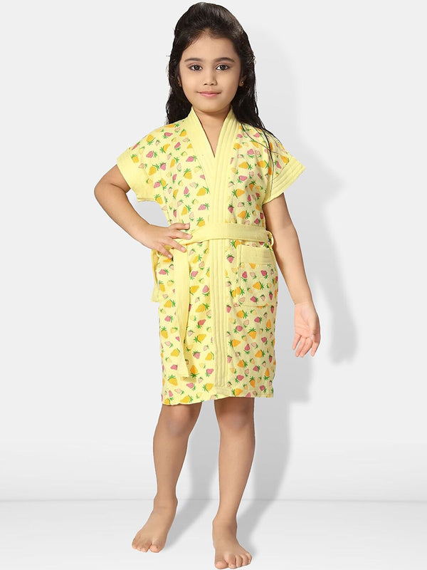 Be You Strawberry Printed Yellow Conversational Cotton Drawstring Knee Length Bath Robe