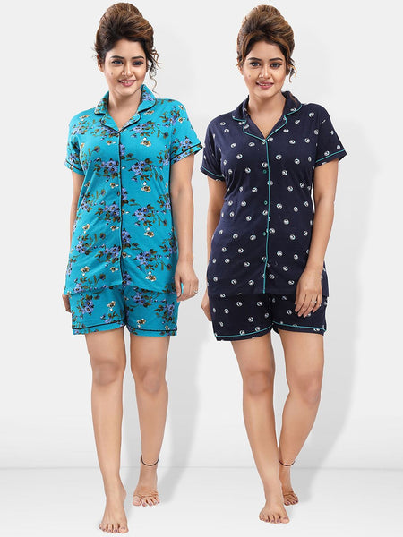 Be You Pack Of 2 Lapel Collar Floral Printed Night Suits