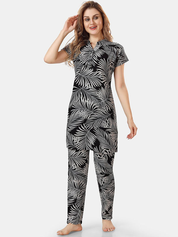 Be You Tropical Printed Mandarin Collar Longline Night Suit