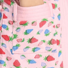 Be You Strawberry Print Pink Conversational Cotton Drawstring Knee Length Bath Robe