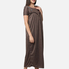 Be You Women Coffee Brown Embroidered Maxi Maternity Nightdress