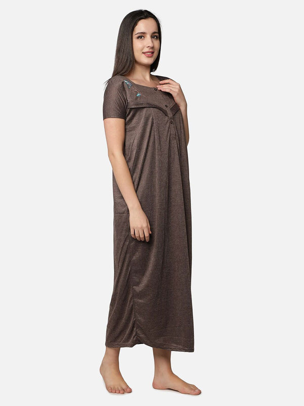 Be You Women Coffee Brown Embroidered Maxi Maternity Nightdress