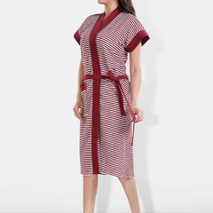 Be You Maroon Striped Cotton Drawstring Knee Length Bath Robe-2XL