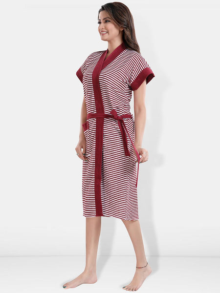 Be You Maroon Striped Cotton Drawstring Knee Length Bath Robe-2XL