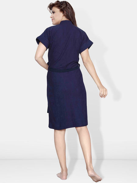Be You Navy Blue Solid Cotton Drawstring Knee Length Bath Robe-L/XL