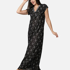 Be You Women Black Printed Maxi Maternity Nightdress