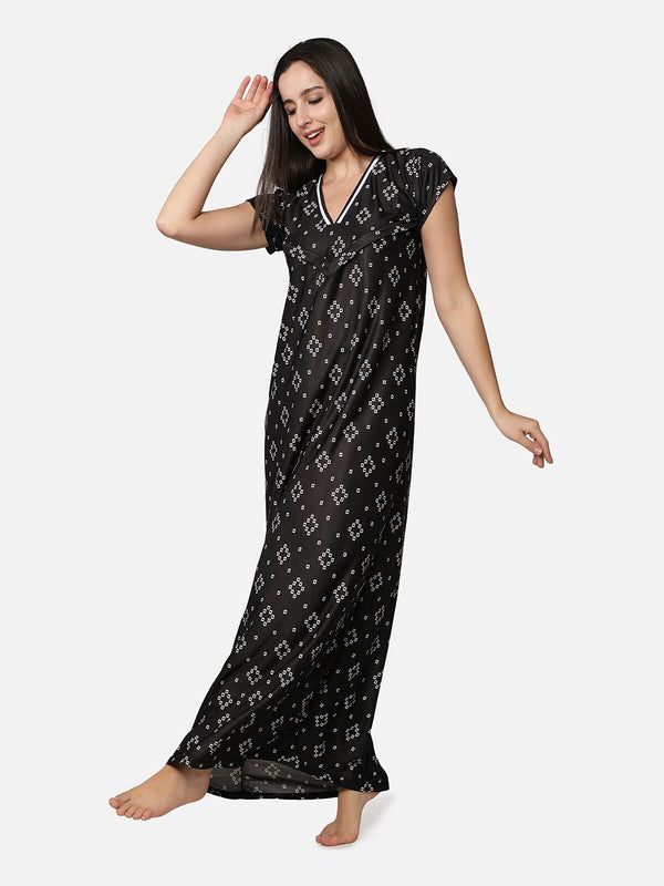 Be You Women Black Printed Maxi Maternity Nightdress