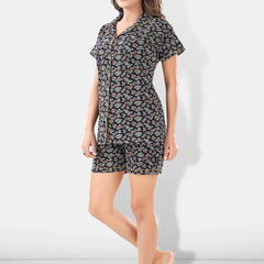Be You Women Black & Blue Printed Pajama & Shorts with Shirt Night Suits