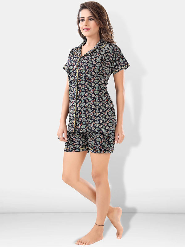 Be You Women Black & Blue Printed Pajama & Shorts with Shirt Night Suits