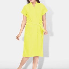 Be You Yellow Solid Cotton Drawstring Knee Length Bath Robe-L/XL