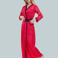 Be You Solid Lace Details Satin Nighty with Robe