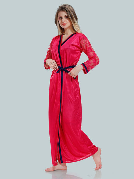 Be You Solid Lace Details Satin Nighty with Robe