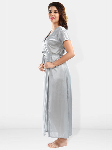 Be You Shoulder Straps Laced Nightdress With Satin Robe And Briefs