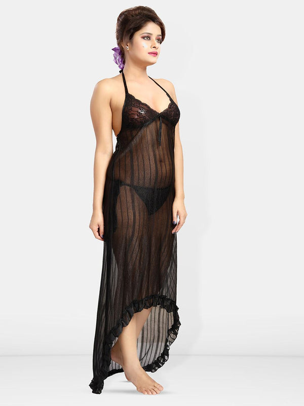 Be You Self Design Halter Neck Net Baby Doll With Brief