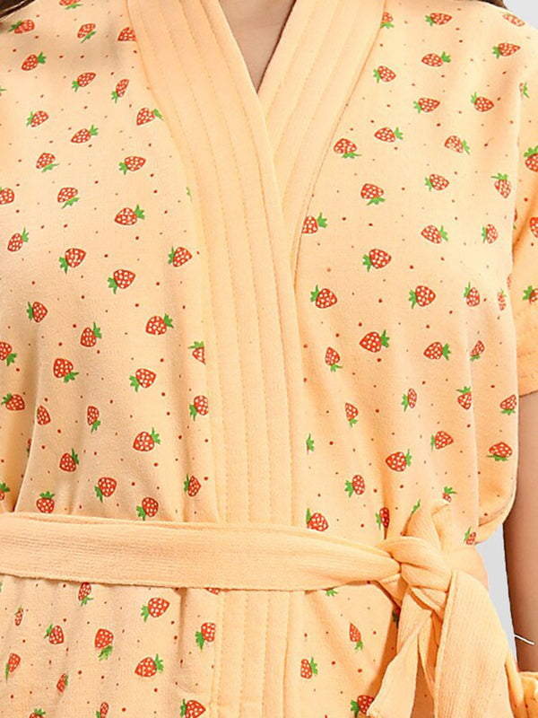 Be You Strawberry Print Peach Conversational Cotton Drawstring Knee Length Bath Robe