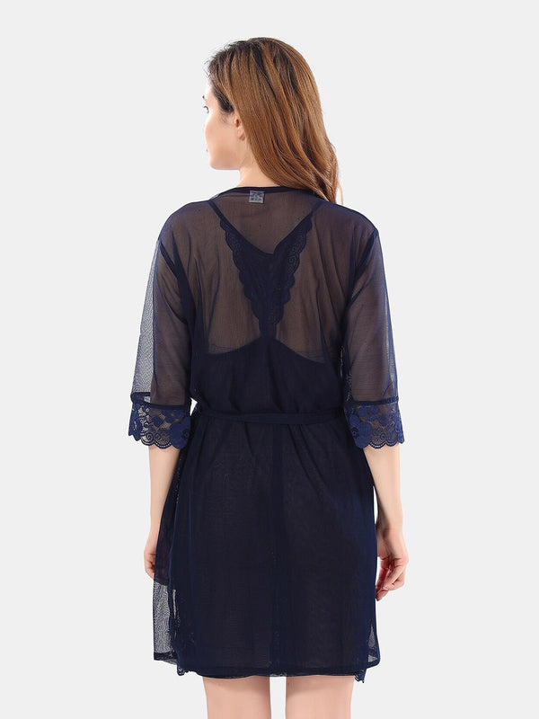 Be You Net Above Knee Length Nightdress With Robe