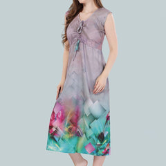Be You Women Grey & Green Printed Nightdress