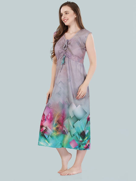 Be You Women Grey & Green Printed Nightdress