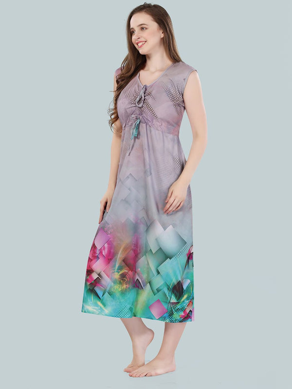 Be You Women Grey & Green Printed Nightdress