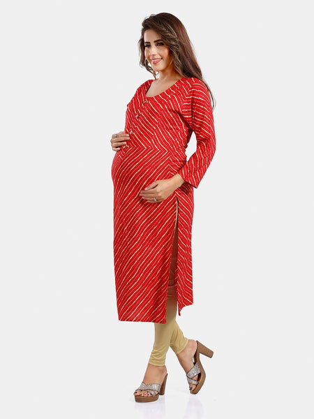 Be You Leheriya Printed Round Neck Maternity Straight Kurta