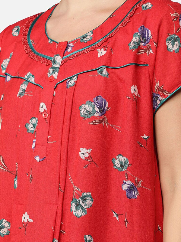 Be You Women Red & White Printed Maxi Maternity Nightdress