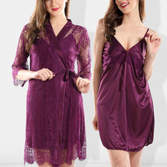 Be You Self Design Satin Shoulder Straps Nightdress With Robe