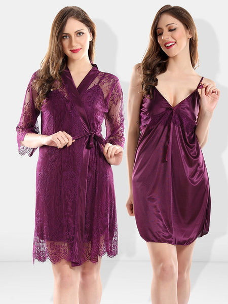 Be You Self Design Satin Shoulder Straps Nightdress With Robe