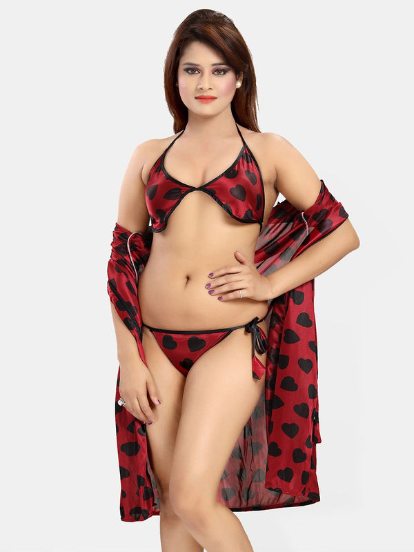 Be You Women V-Neck Printed Satin Nightdress