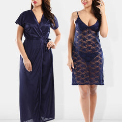 Be You Shoulder Straps Laced Nightdress With Satin Robe And Briefs