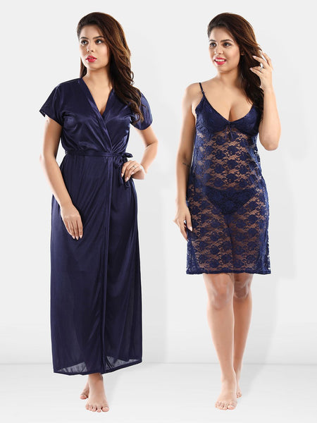 Be You Shoulder Straps Laced Nightdress With Satin Robe And Briefs