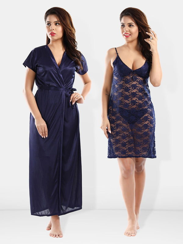 Be You Shoulder Straps Laced Nightdress With Satin Robe And Briefs