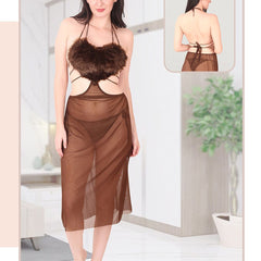 Be You Self Design Fur Detail Halter Neck Baby Doll & Briefs