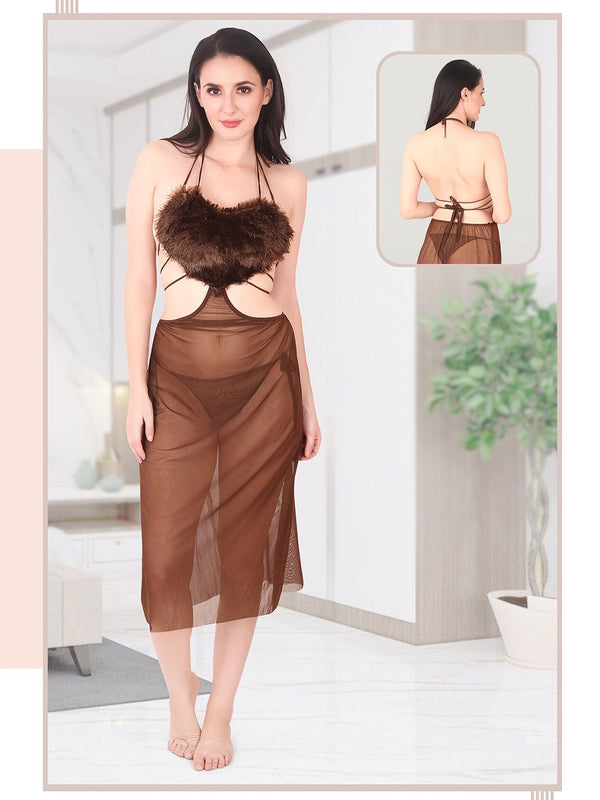 Be You Self Design Fur Detail Halter Neck Baby Doll & Briefs