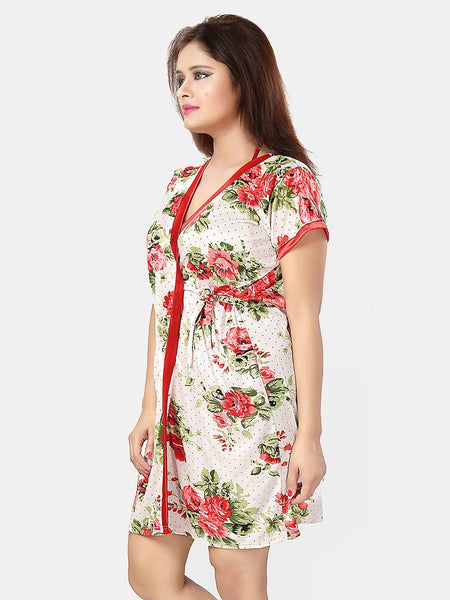 Be You Women Floral Printed Satin Robe & Lingerie Set Nightdress