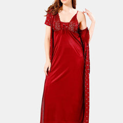 Be You V Neck Lace Satin Maxi Nightdress With Robe