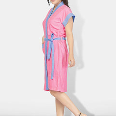 Be You Two-Tone Pink Solid Cotton Drawstring Knee Length Bath Robe-L/XL