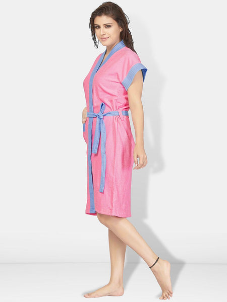 Be You Two-Tone Pink Solid Cotton Drawstring Knee Length Bath Robe-L/XL