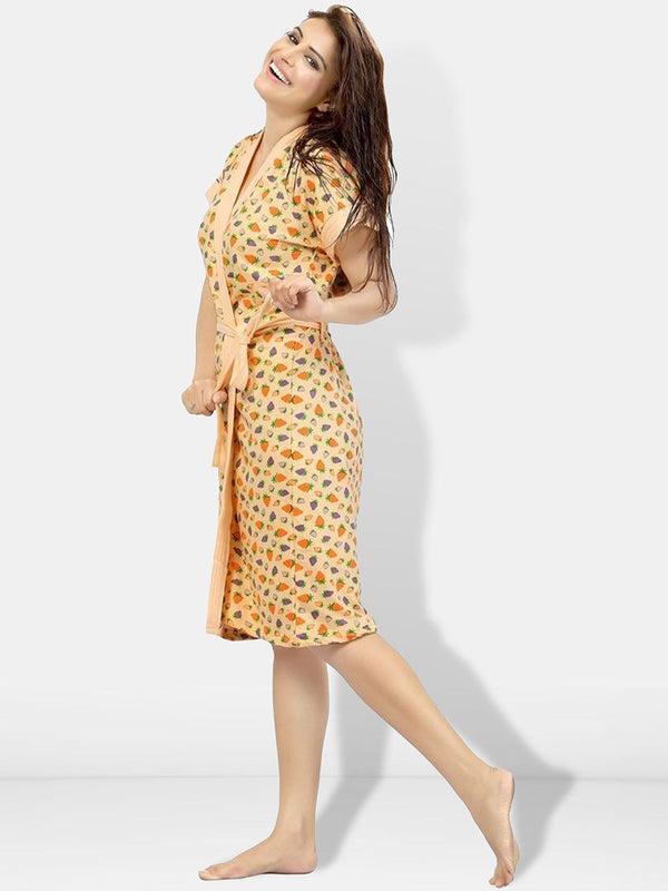 Be You Cream Conversational Cotton Drawstring Knee Length Bath Robe-L/XL
