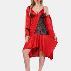 Be You Solid Lace Details Satin Nighty with Robe
