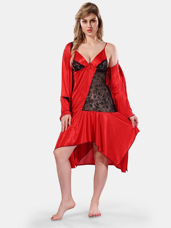 Be You Solid Lace Details Satin Nighty with Robe