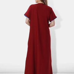 Be You Women Maroon Embroidered Maxi Nightdress