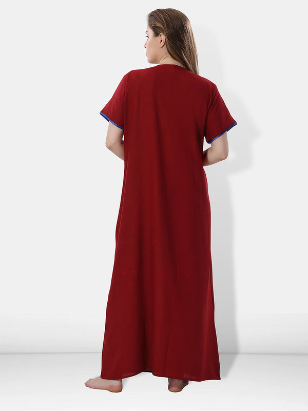 Be You Women Maroon Embroidered Maxi Nightdress