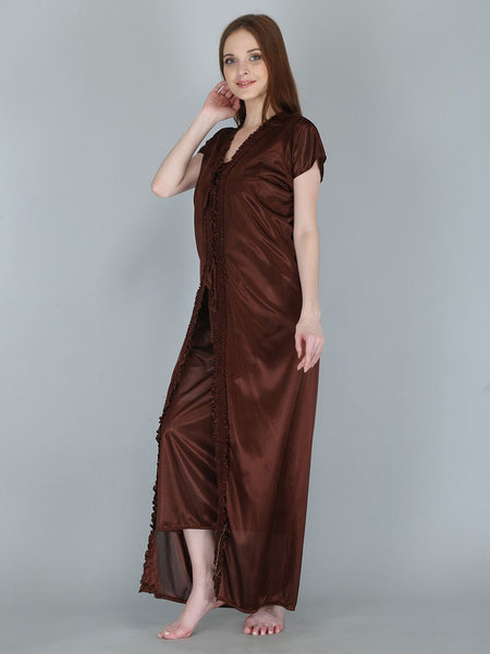 Be You Women Brown Maxi Nightdress  With Robe Pack of 2