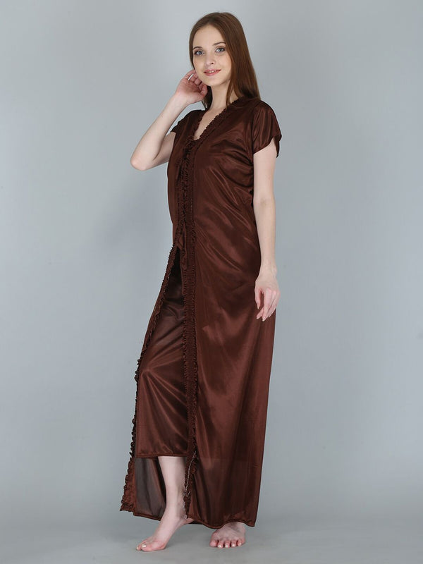 Be You Women Brown Maxi Nightdress  With Robe Pack of 2