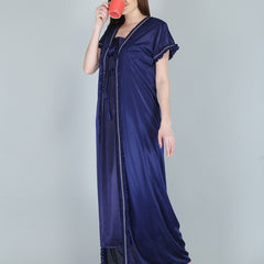 Be You Women Navy Blue Maxi Satin Nightdress