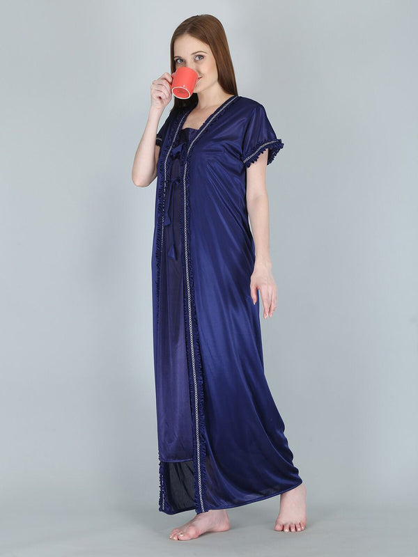 Be You Women Navy Blue Maxi Satin Nightdress