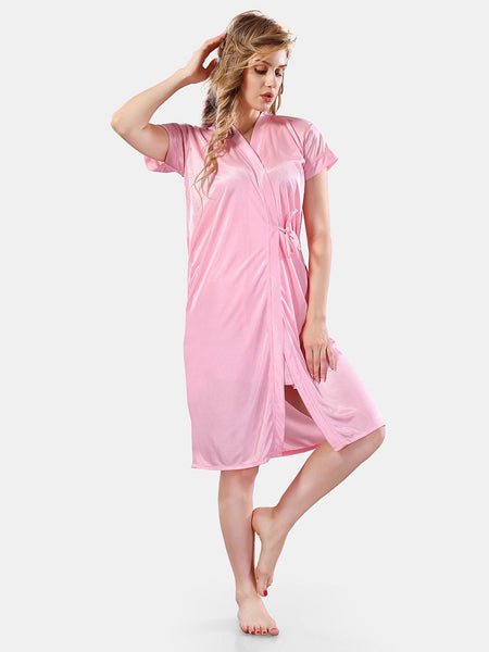 Be You Solid Lace Details Satin Nighty with Robe
